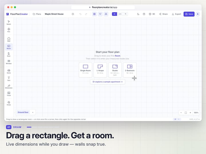 The FloorPlan Creator editor, ready to draw a first room, with the caption: Drag a rectangle. Get a room.
